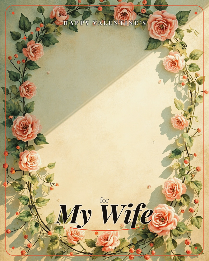A vintage-style card shows a wreath of blush pink roses, green leaves and small coral berries encircling a blank oval space, a valentine e-card design
