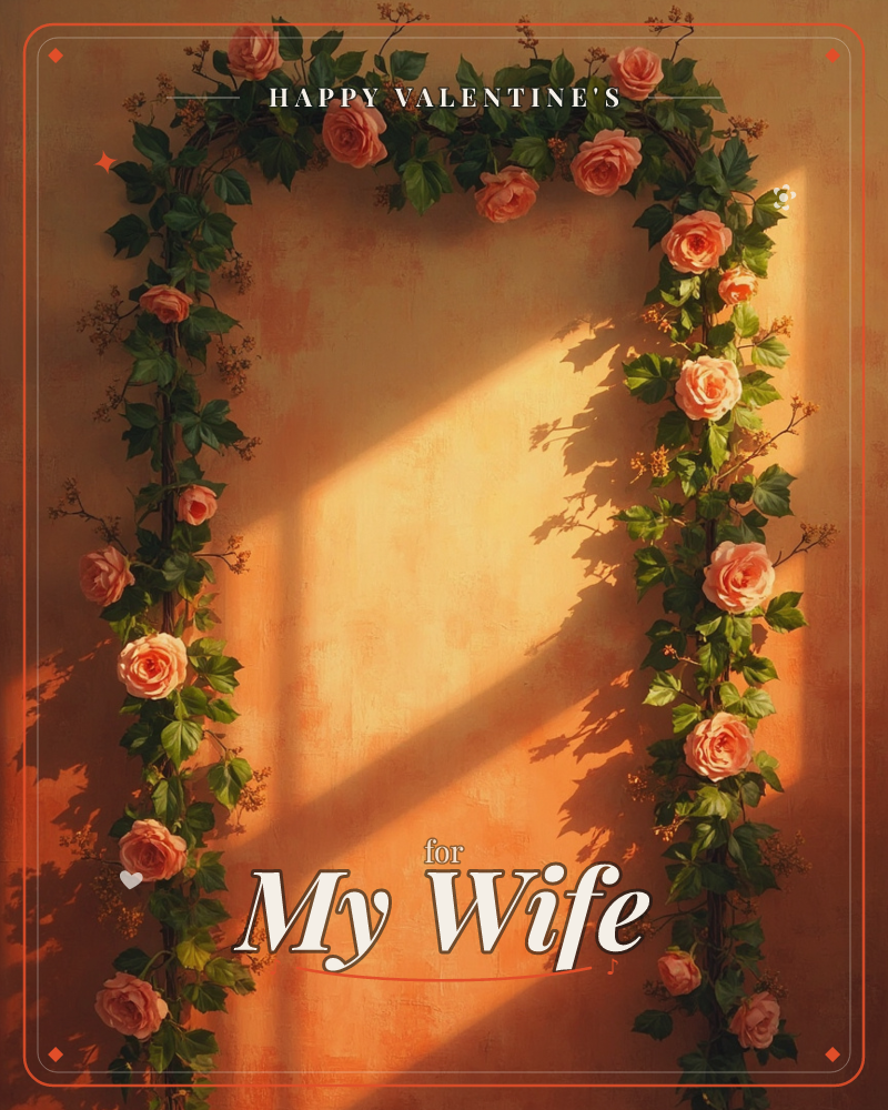A garland of pink roses and trailing ivy frames a doorway painted in warm terracotta, with late afternoon sunlight slanting across the wall and casting…, a valentine e-card design