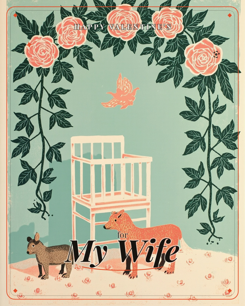 A high wooden chair stands empty beneath an arch of climbing pink roses on a sage-green background, with a small bird fluttering above it, a valentine e-card design