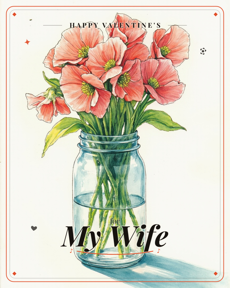 A cluster of coral-pink poppies stands in a glass mason jar filled with water, their green stems visible and slightly bent beneath the surface, a valentine e-card design