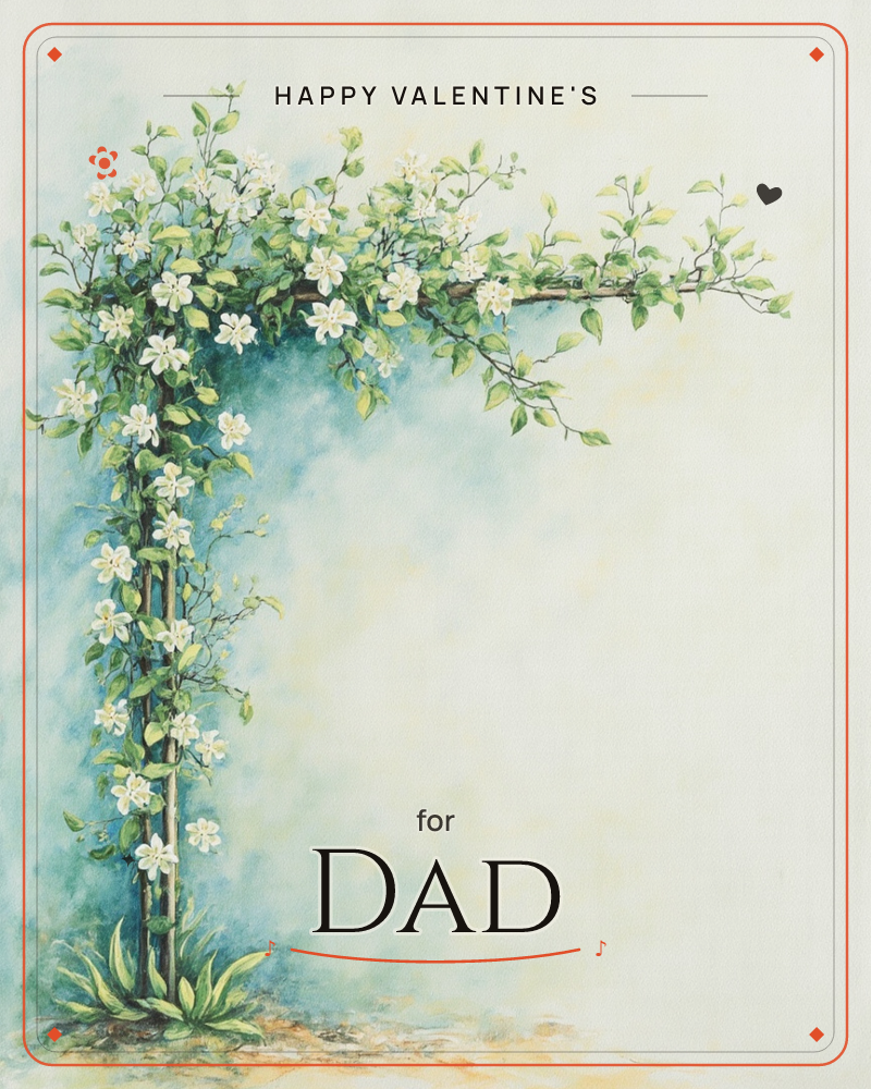 A flowering vine climbs a slender trellis along the left edge, its white blossoms and soft green leaves trailing across the top of the page, a valentine e-card design