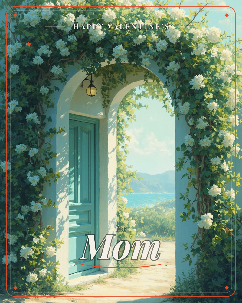 A white stone archway is thickly wreathed in climbing white blossoms and green vines, with a small brass lantern hanging at its peak, a valentine e-card design