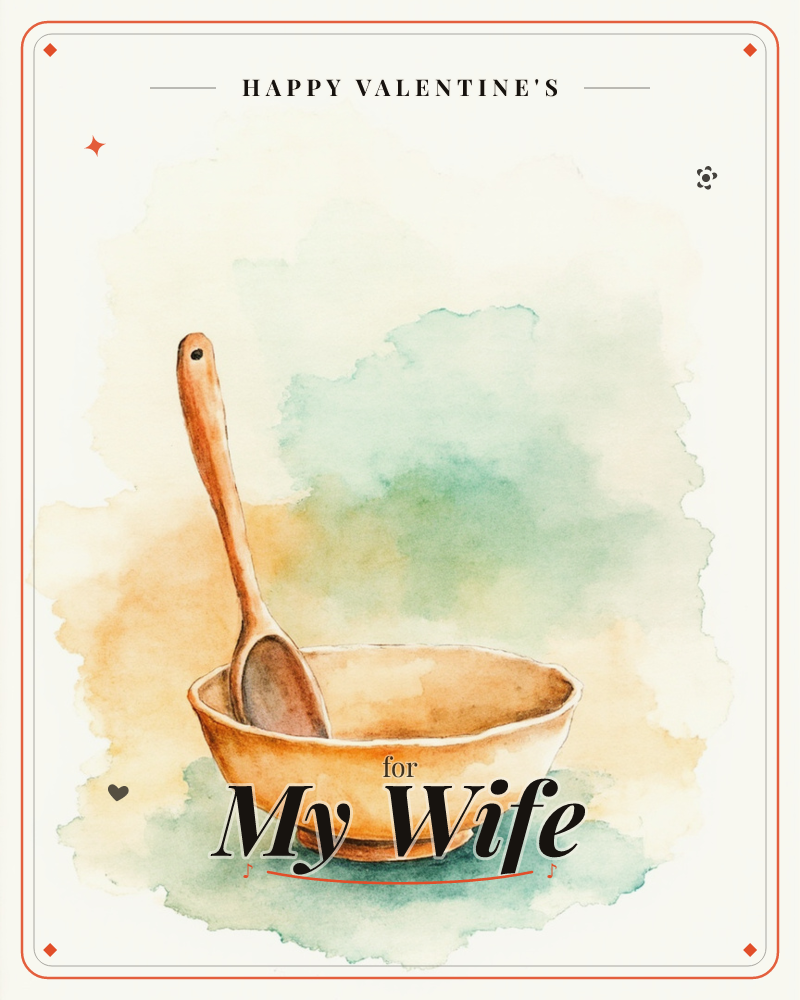 A simple terracotta bowl holds a wooden spoon standing upright against its rim, painted in loose watercolour washes of amber and sage, a valentine e-card design