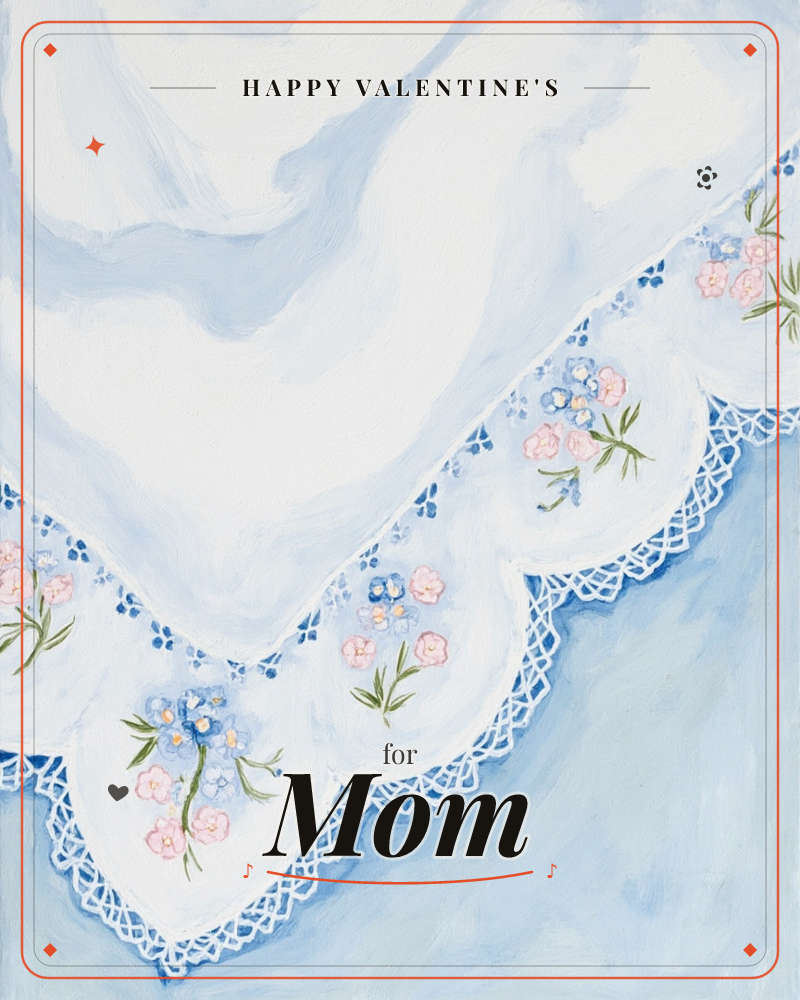 A painted swag of white lace-edged fabric drapes in soft scallops across a pale blue background, embroidered with clusters of pink roses and tiny blue…, a valentine e-card design