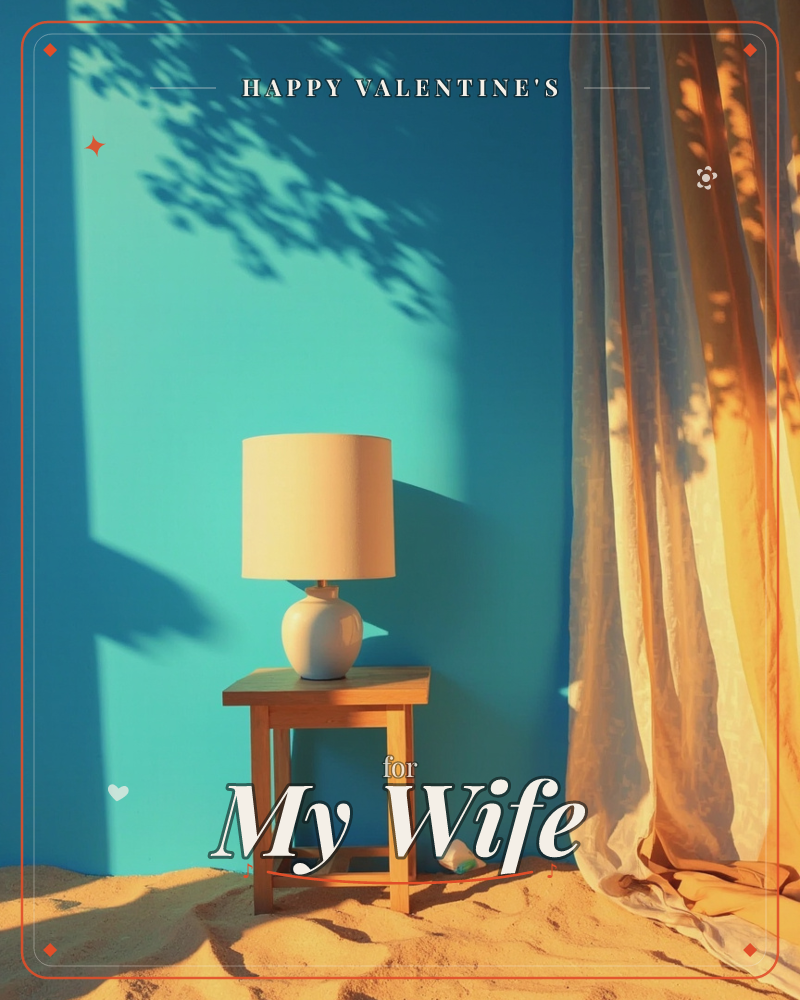 A simple table lamp sits on a small wooden stool against a vivid turquoise wall, its base half-buried in a drift of sand, a valentine e-card design