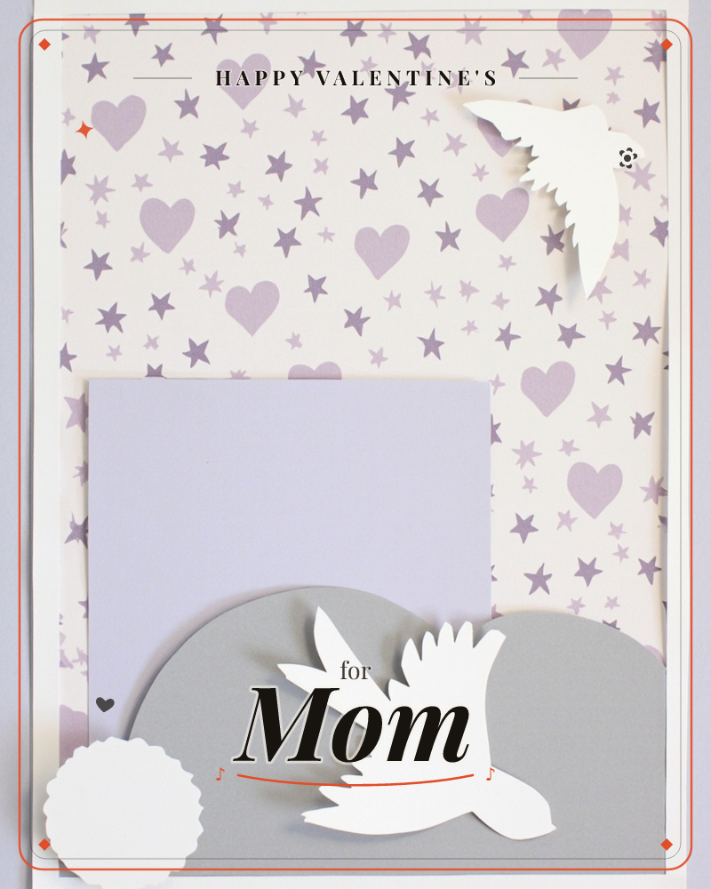 A cream background scattered with lilac hearts and stars forms the backdrop for this layered paper card, a valentine e-card design