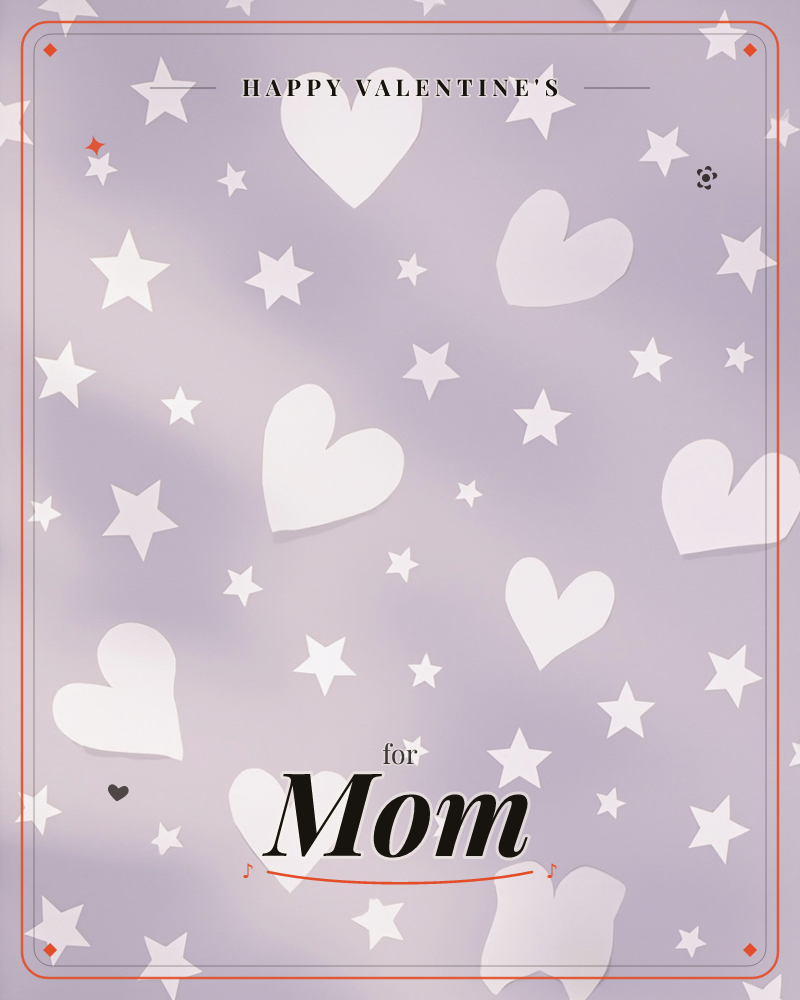 A soft lavender-grey backdrop is scattered with pale hearts and stars, fading into dark shadowy corners at top and bottom, a valentine e-card design