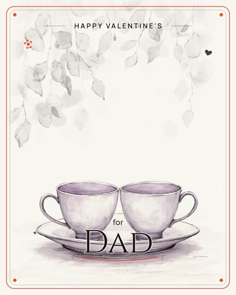 Two matching teacups, glazed pale lavender inside, sit side by side sharing one oval saucer, their handles turned outward like open arms, a valentine e-card design