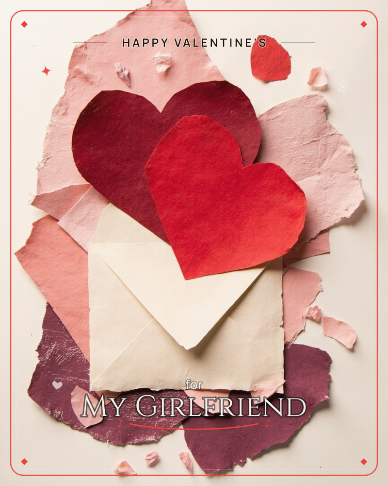 Two paper hearts, one deep maroon and one bright red, lean against a cream envelope atop torn scraps of rough handmade paper in shades of pink and blush, a valentine e-card design
