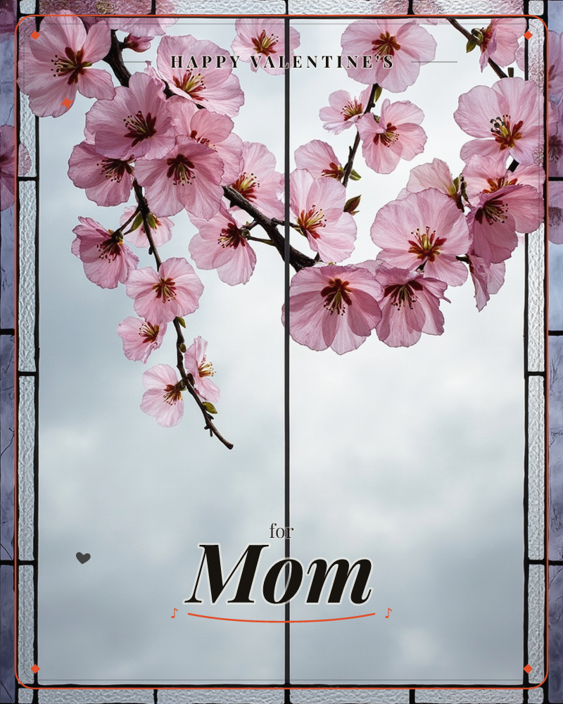 A cherry blossom branch arches across a stained-glass style window, its pink flowers and dark red stamens rendered in sharp detail against a softly…, a valentine e-card design