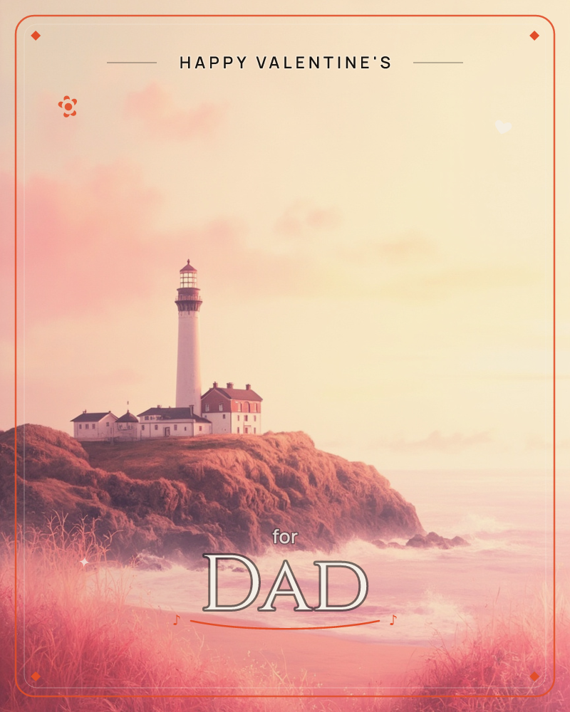 A white lighthouse and its keeper's cottages stand on a grassy headland overlooking the sea, bathed in a soft pink and gold sunset haze, a valentine e-card design