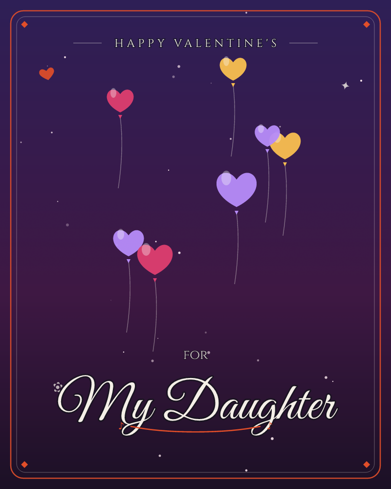 A cluster of heart-shaped balloons in red, purple, and gold drift upward against a deep twilight sky, their strings trailing below like loose ribbons, a valentine e-card design by @DittyCityTeam