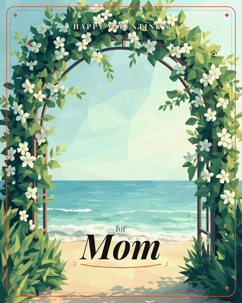 A rounded arbor twined with green leaves and small white flowers frames a calm ocean view, with soft turquoise waves rolling onto a pale sandy shore, a valentine e-card design