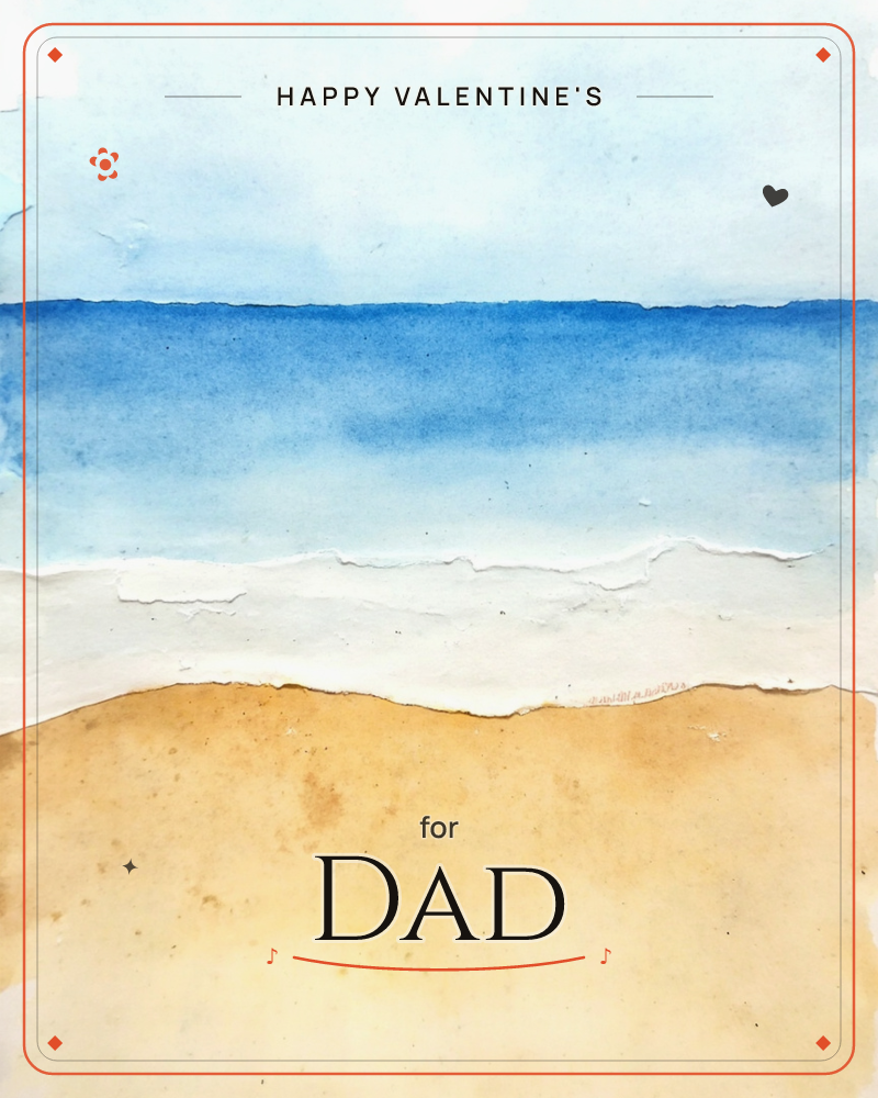 A quiet stretch of shoreline rendered in soft watercolour bands: pale sky, deep blue sea, a foaming white waterline, and sun-warmed sand freckled with…, a valentine e-card design