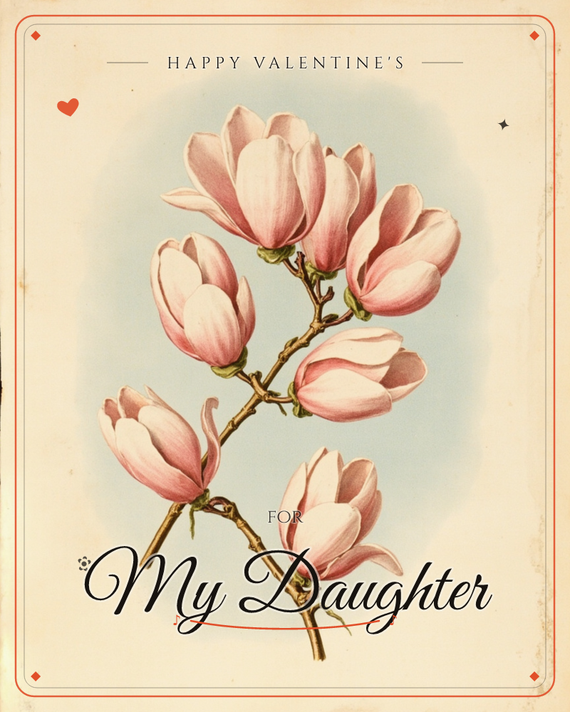 A branch of magnolia blossoms in full bloom, painted against a soft blue-grey oval that fades into a cream, foxed-edged page, a valentine e-card design