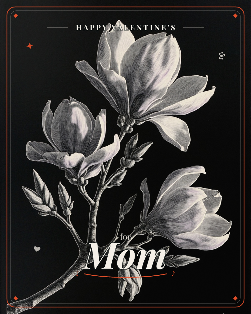 A magnolia branch stretches across a deep black background, its three large blossoms rendered in fine scratchboard lines of white and grey, a valentine e-card design