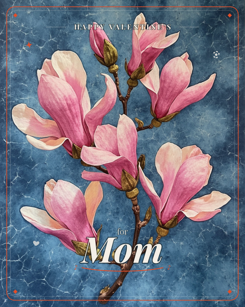A branch of magnolia blossoms stretches across the card, its pink and white petals unfurling in full bloom against a deep mottled blue background that…, a valentine e-card design