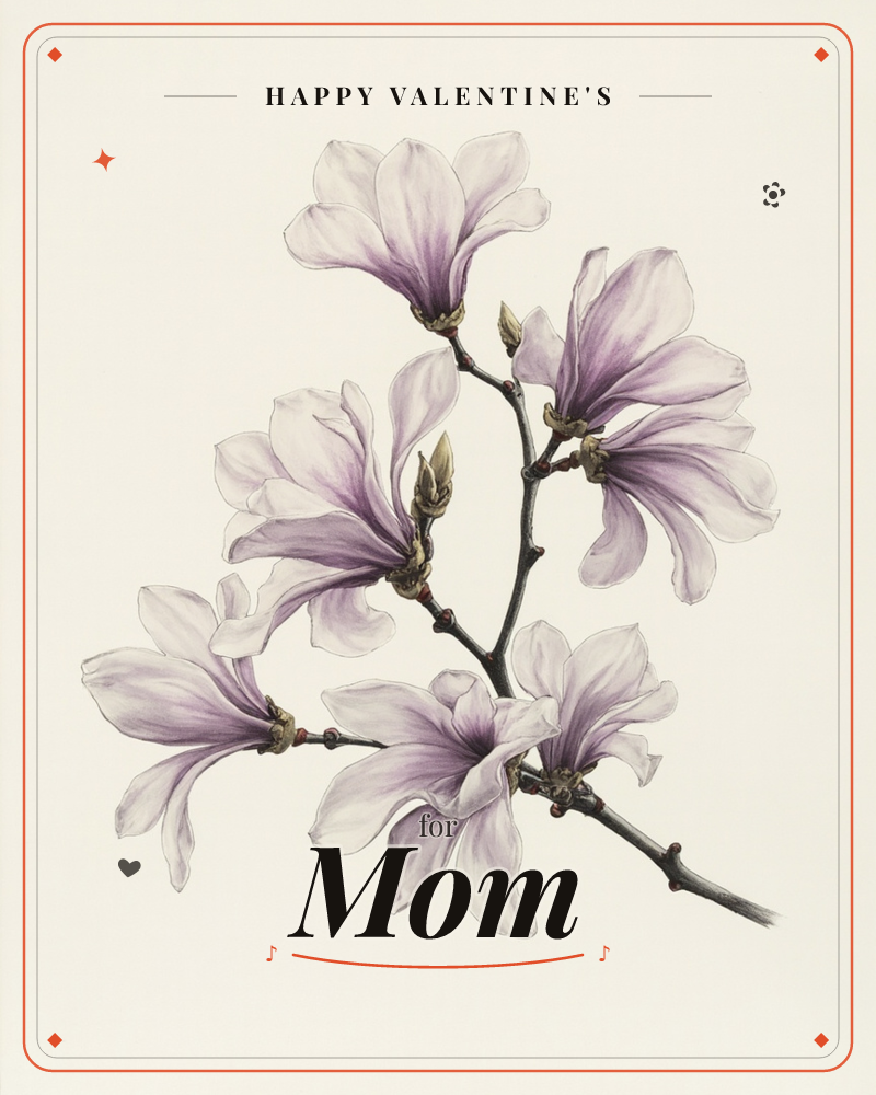 A single dark branch curves diagonally across the page, holding open magnolia blossoms with pale pink-white petals that deepen to mauve near their centres, a valentine e-card design