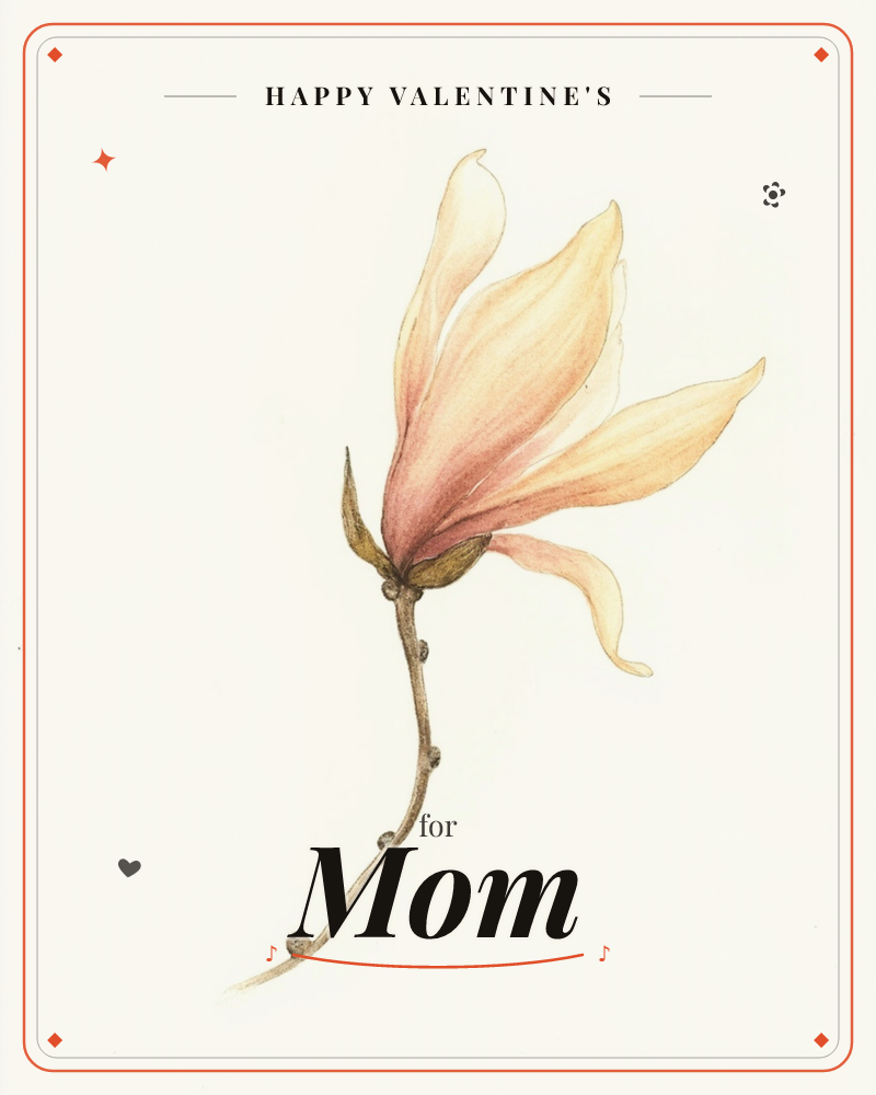 A single magnolia bloom sits open on a slender curving stem, its narrow petals fanning outward in soft peach and blush tones, a valentine e-card design