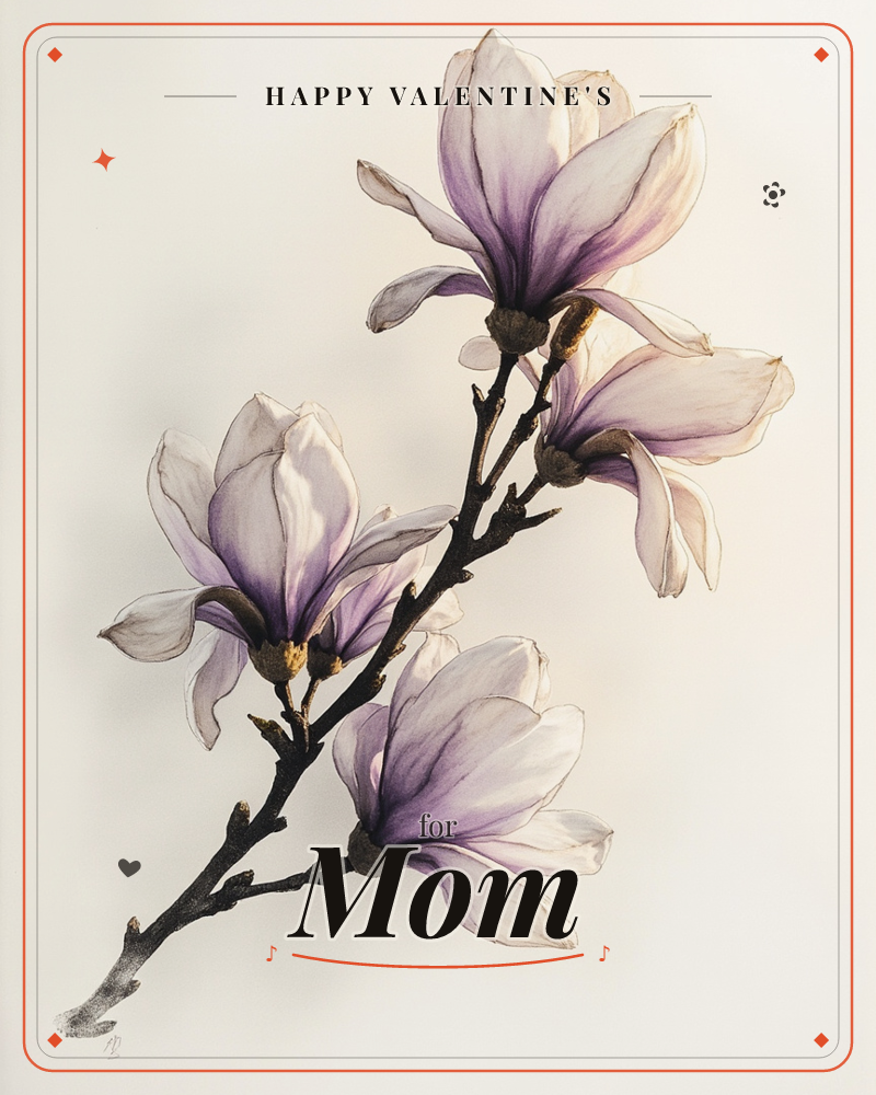 A single dark branch arches across a pale, almost bare background, holding four magnolia blooms in full open bloom, a valentine e-card design