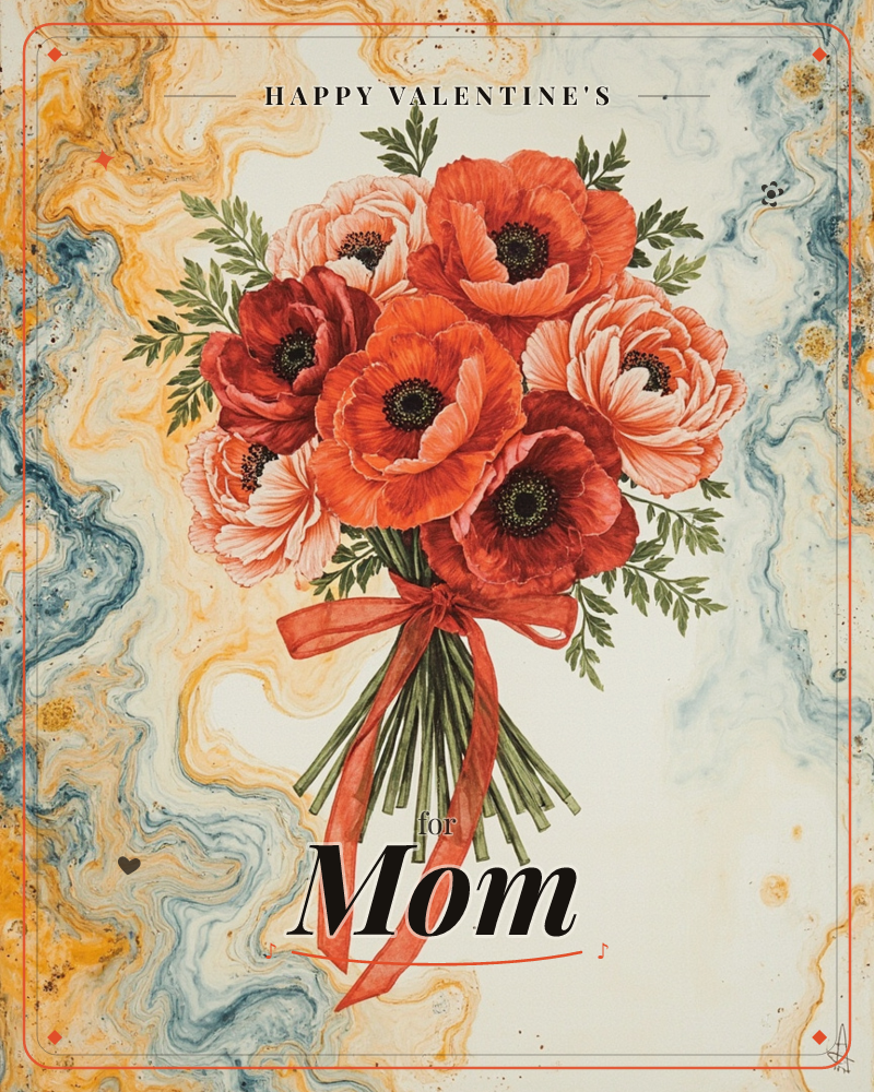 A hand-tied bouquet of poppies and ranunculus in deep red, coral, and blush sits bound with a sheer orange-red ribbon against a cream background…, a valentine e-card design