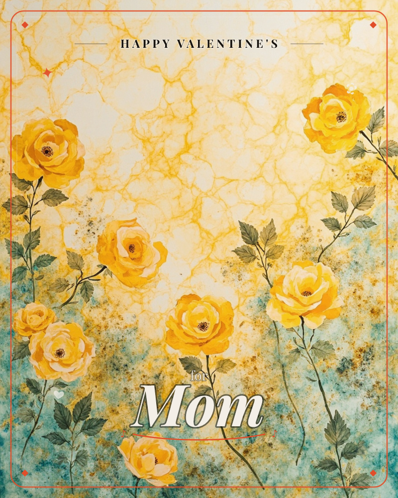 A cluster of golden-yellow roses on tall stems rises against a marbled backdrop that fades from teal at the base up into a cracked, sunlit gold, a valentine e-card design