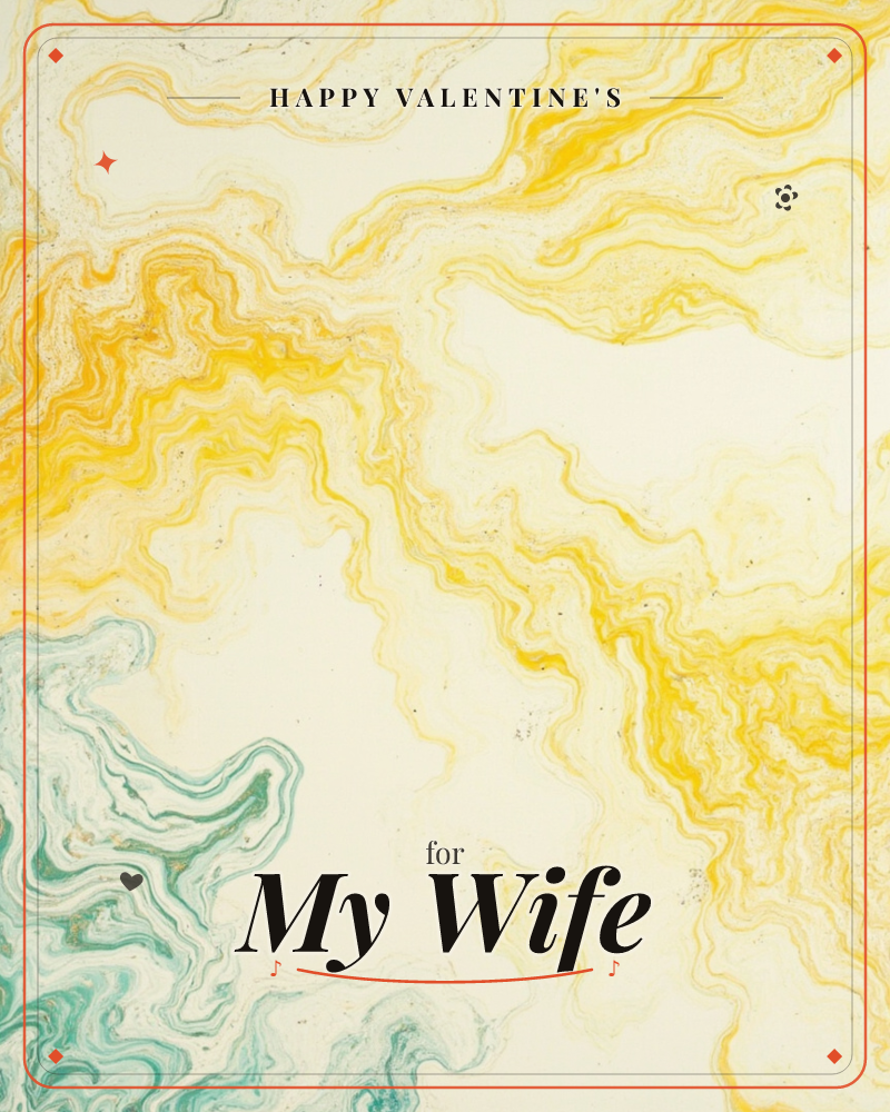 Marbled swirls of golden yellow ribbon across a cream background like veins of light caught mid-motion, with a small pool of teal-green curling in from…, a valentine e-card design