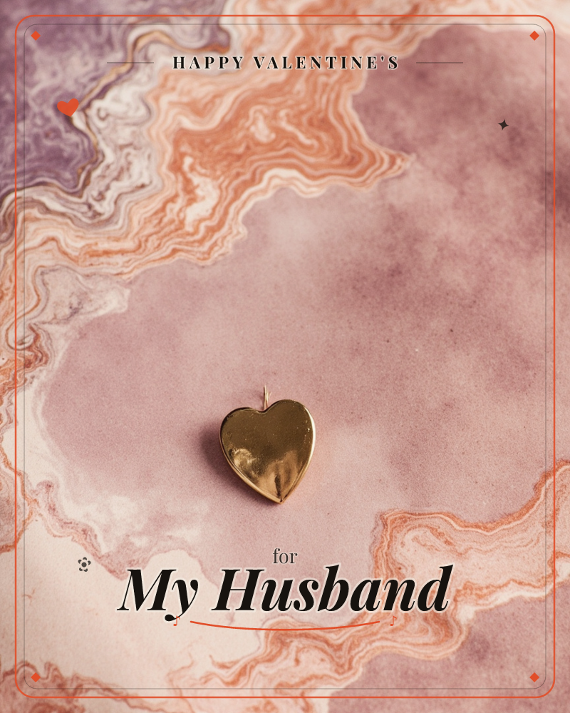 A small gold heart charm rests at the centre of a swirling marbled background in dusty pink, terracotta and lilac, a valentine e-card design