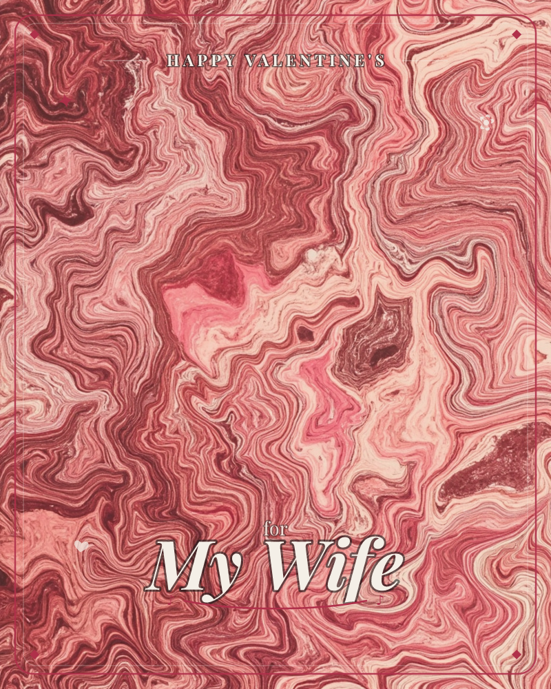 A swirling marbled pattern fills the whole card, rippling lines of deep crimson, dusty pink, and cream folding into one another like agate or poured paint, a valentine e-card design