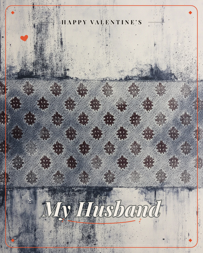 A band of small maroon diamond-shaped motifs marches in neat rows across a mottled grey ground, framed above and below by smudged charcoal washes that…, a valentine e-card design