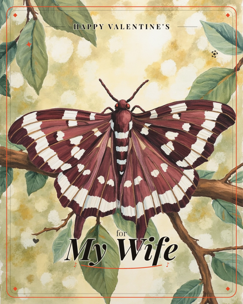 A large moth rests with wings fully spread across a woodland branch, its deep maroon wings marked with bold cream bands and spots, a valentine e-card design