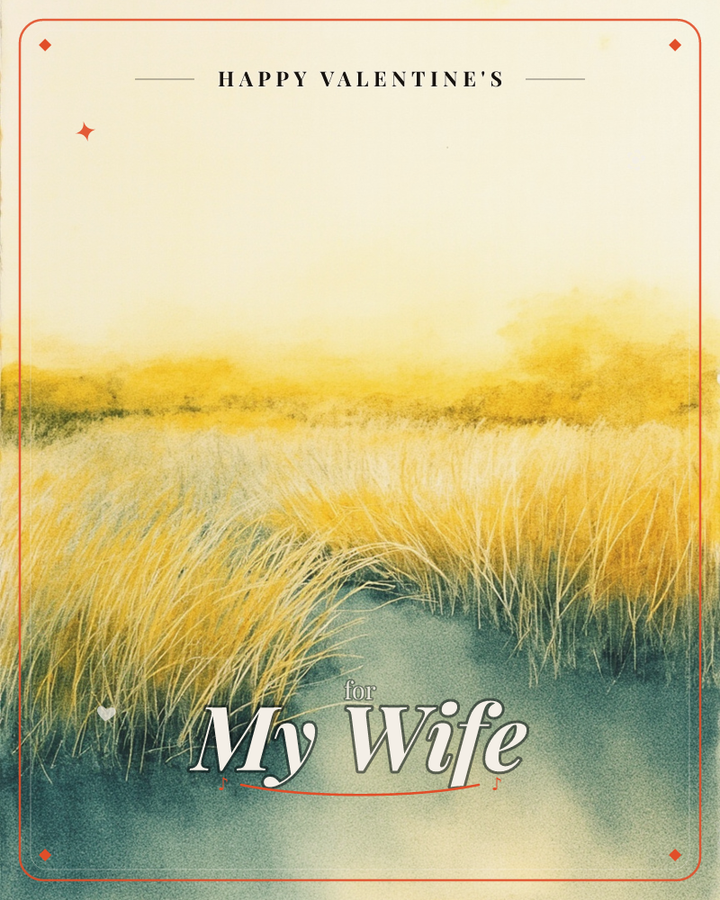 A quiet marsh landscape glows in golden light, tall reeds bending along the edge of a slow, slate-blue creek that winds toward the viewer, a valentine e-card design