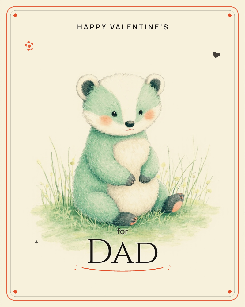 A round, sage-green badger cub sits back on its haunches in a patch of grass dotted with tiny wildflowers, paws folded over its cream belly, a valentine e-card design