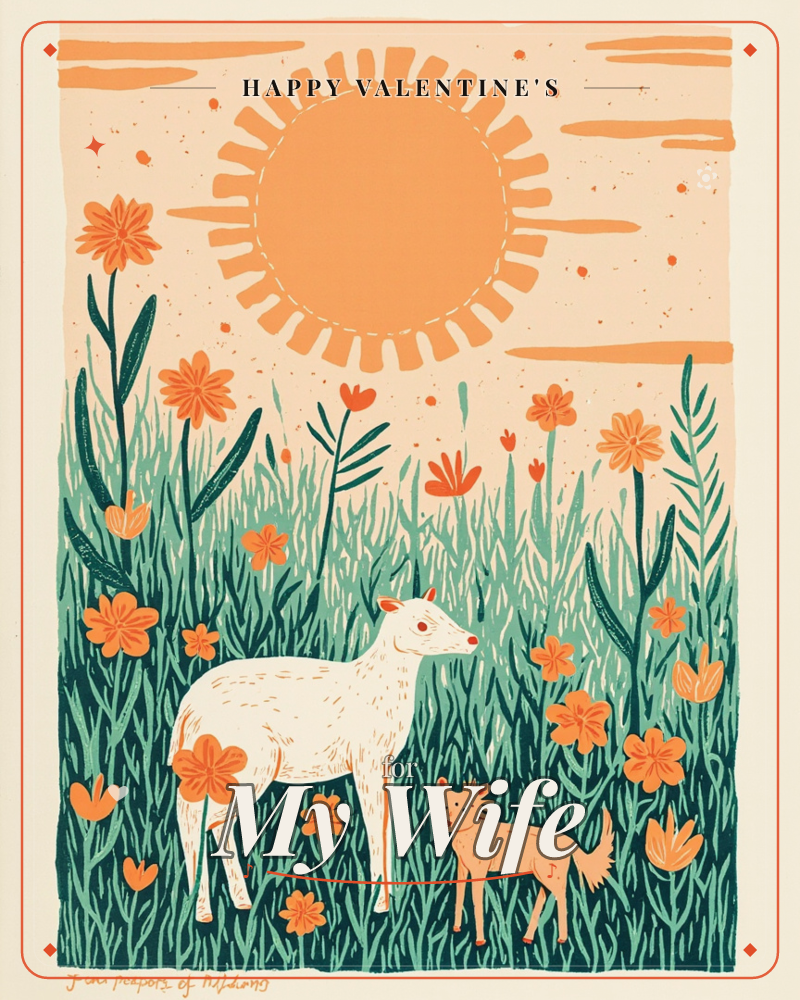 A stylized sun with radiating spikes glows above a meadow of tall green grass and orange wildflowers, where a white deer stands watch over a smaller…, a valentine e-card design