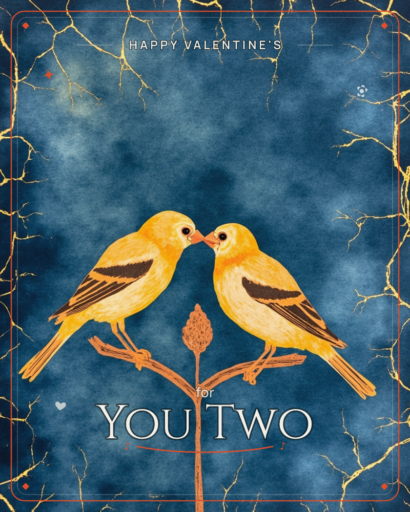 Two golden-yellow birds with dark-tipped wings perch beak to beak on a single bare twig, framed against a deep midnight-blue clouded sky, a valentine e-card design