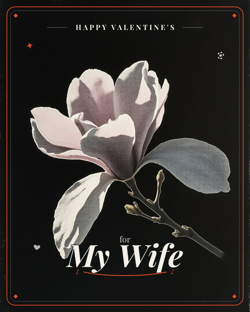 A single magnolia bloom opens against a deep black background, its petals rendered in soft pink and grey with fine textured brushstrokes catching the…, a valentine e-card design