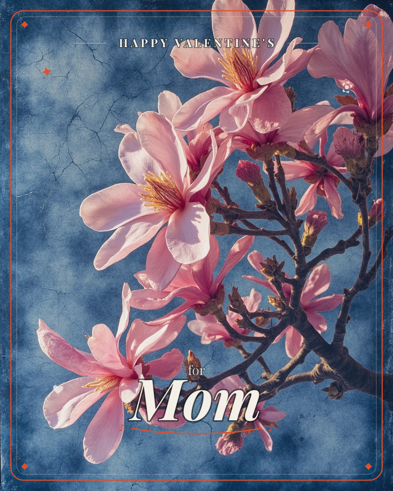A branch of magnolia blossoms opens across a deep indigo backdrop textured like aged, cracked plaster, a valentine e-card design