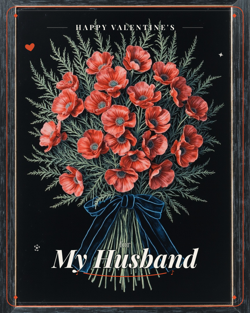 A dense bouquet of red poppies with dark centres stands out against a solid black background, their feathery grey-green foliage fanning out like…, a valentine e-card design