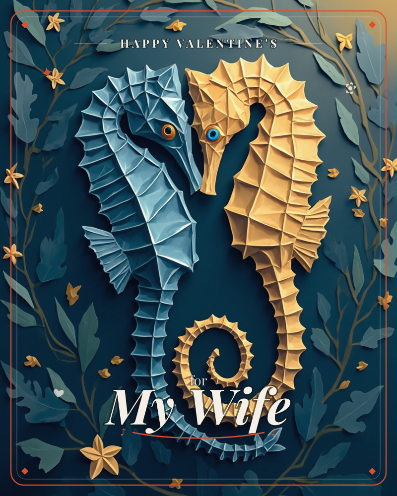 Two paper-textured seahorses face each other nose to nose against a deep midnight-blue background, one in cool slate grey and the other in warm gold…, a valentine e-card design