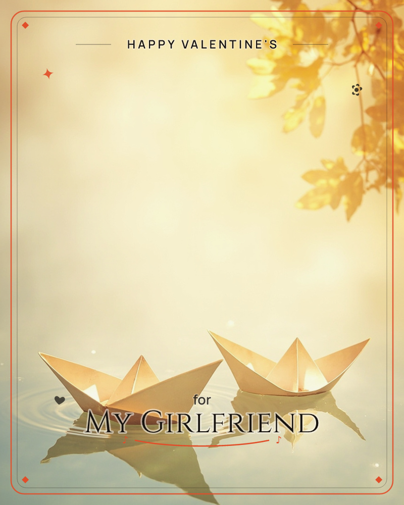 Two paper origami boats float side by side on still, misty water, their soft reflections rippling beneath them, a valentine e-card design