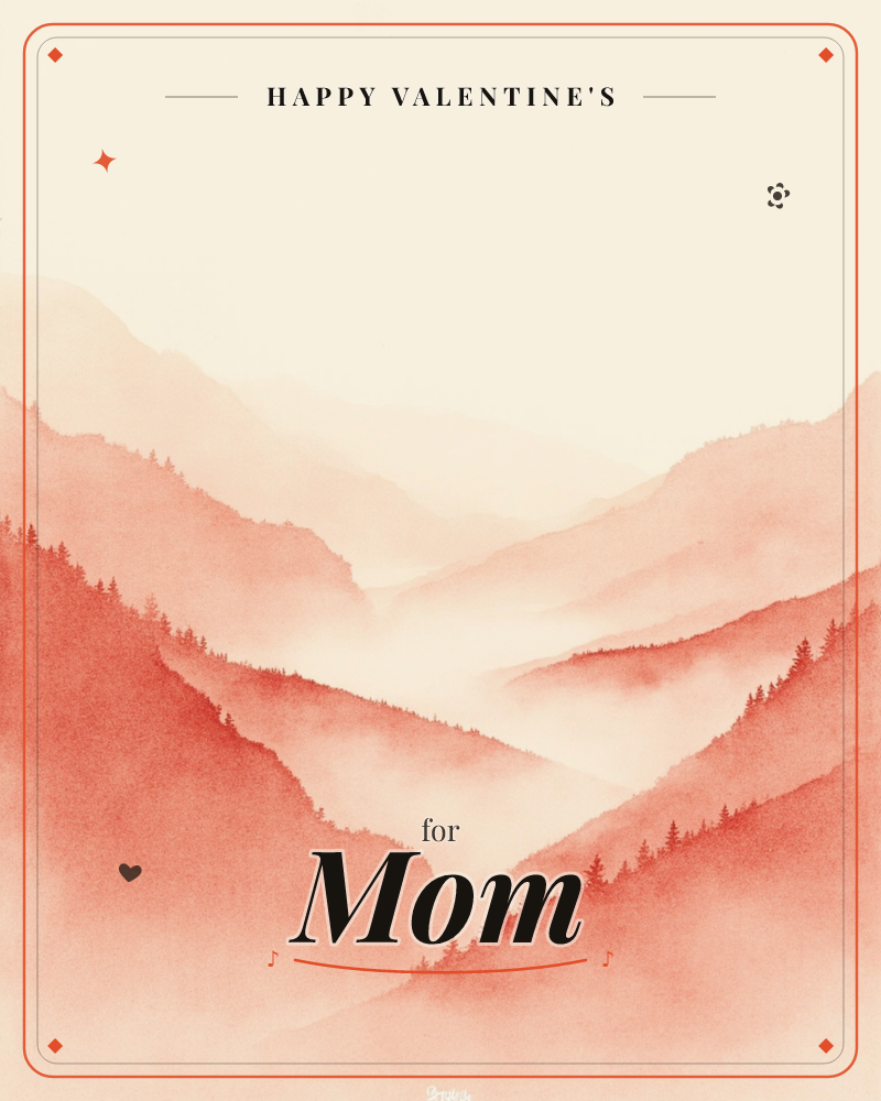 Layered mountain ridges fade back into a misty valley, each range washed in a deepening shade of terracotta and rose, a valentine e-card design
