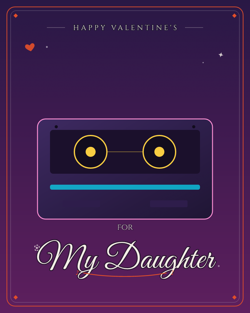 A retro cassette tape glows against a deep purple-black backdrop, its outline traced in hot pink neon, a valentine e-card design by @DittyCityTeam