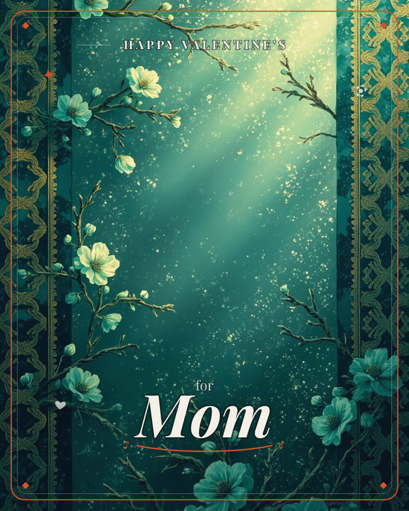 A deep teal-green backdrop glows with a soft shaft of light falling through drifting flecks of gold, framed by ornate lattice-patterned borders, a valentine e-card design