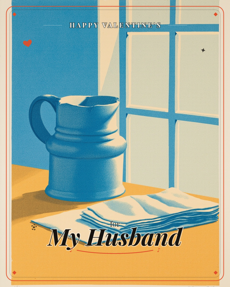 A stylised still life shows a ceramic pitcher standing on a sunlit tabletop beside a folded stack of linen, all rendered in bold blue and warm mustard, a valentine e-card design