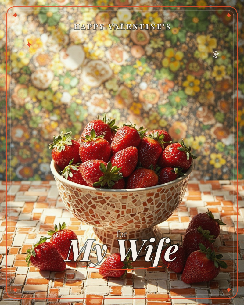 A mosaic-tiled bowl overflows with fresh strawberries, their green tops catching the light, set against a busy retro floral wallpaper in mustard, olive…, a valentine e-card design