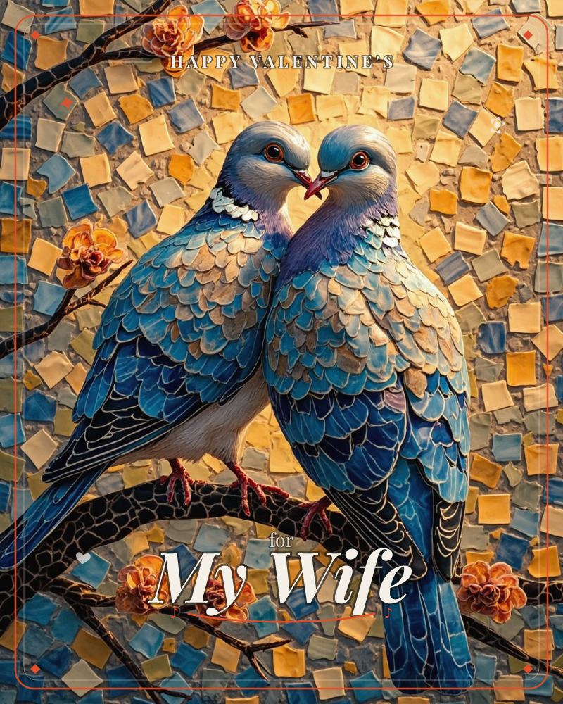 Two doves with jewel-blue plumage lean in beak to beak on a gnarled branch, their feathers rendered in intricate mosaic-like tiles, a valentine e-card design