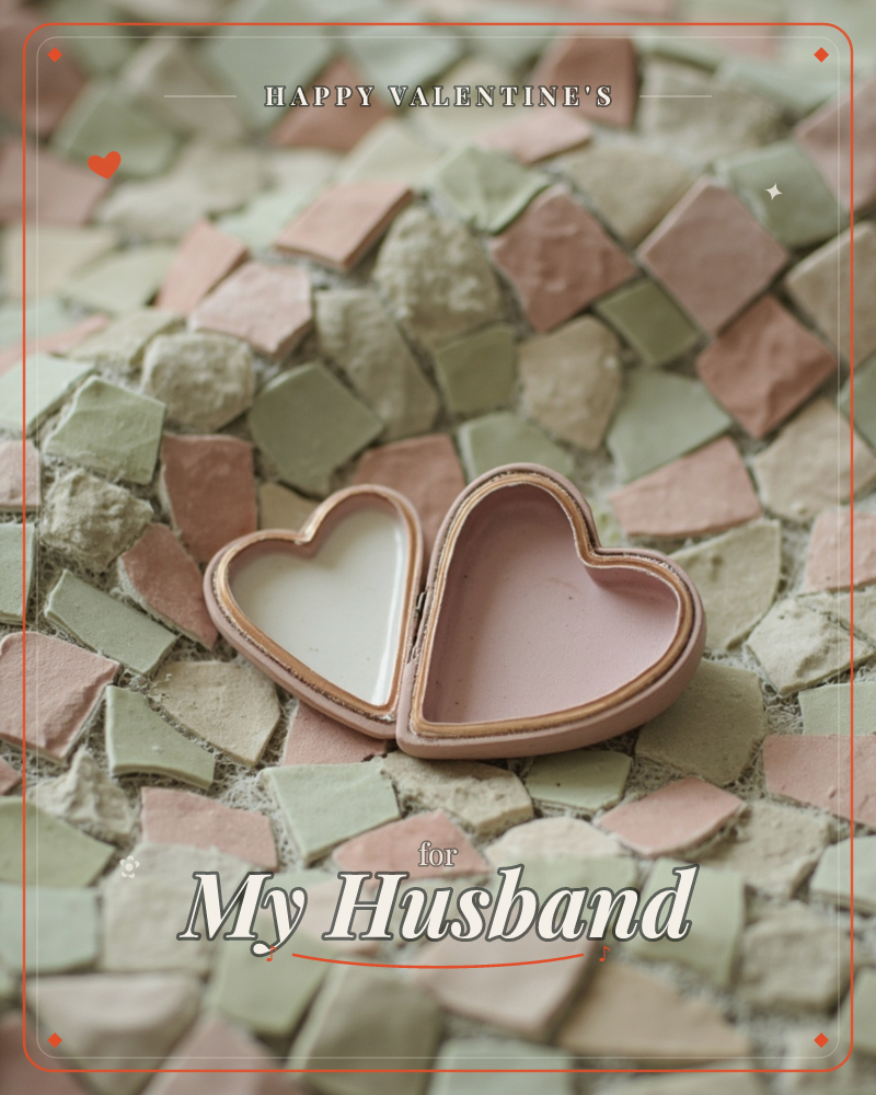 Two small heart-shaped ceramic dishes, one cream and one dusty pink, sit side by side atop a mosaic tabletop of tiny broken tiles in muted pink, sage…, a valentine e-card design