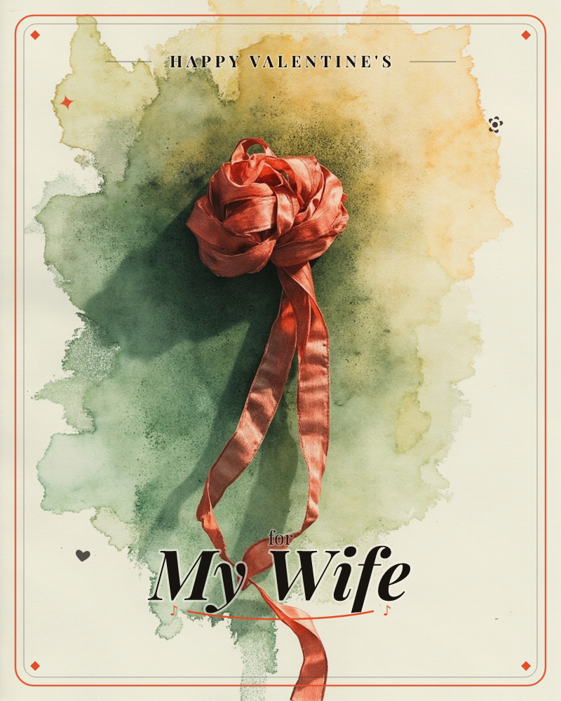 A single satin ribbon is gathered into a loose, glossy bow and left to trail its tails downward across the page, a valentine e-card design