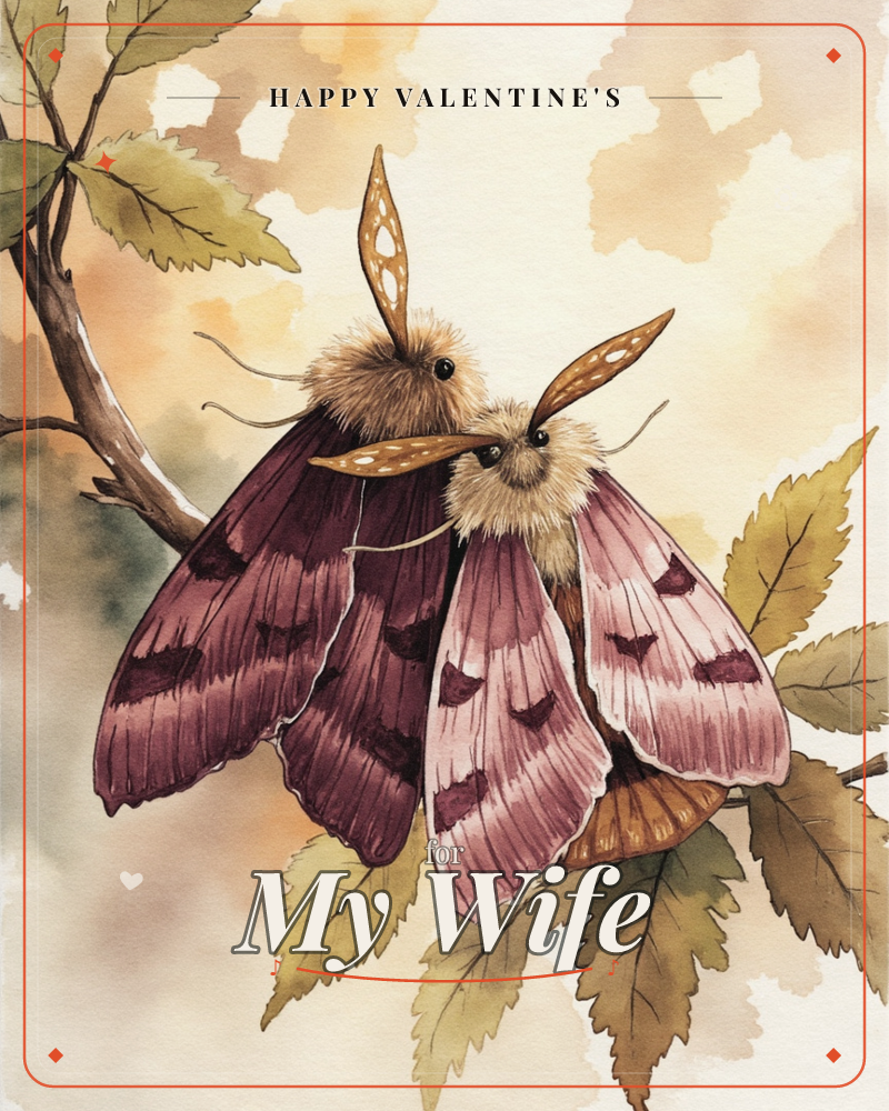 Two fuzzy-headed moths with maroon and dusty-pink patterned wings perch close together on a leafy branch, their spotted antennae curving toward each other, a valentine e-card design