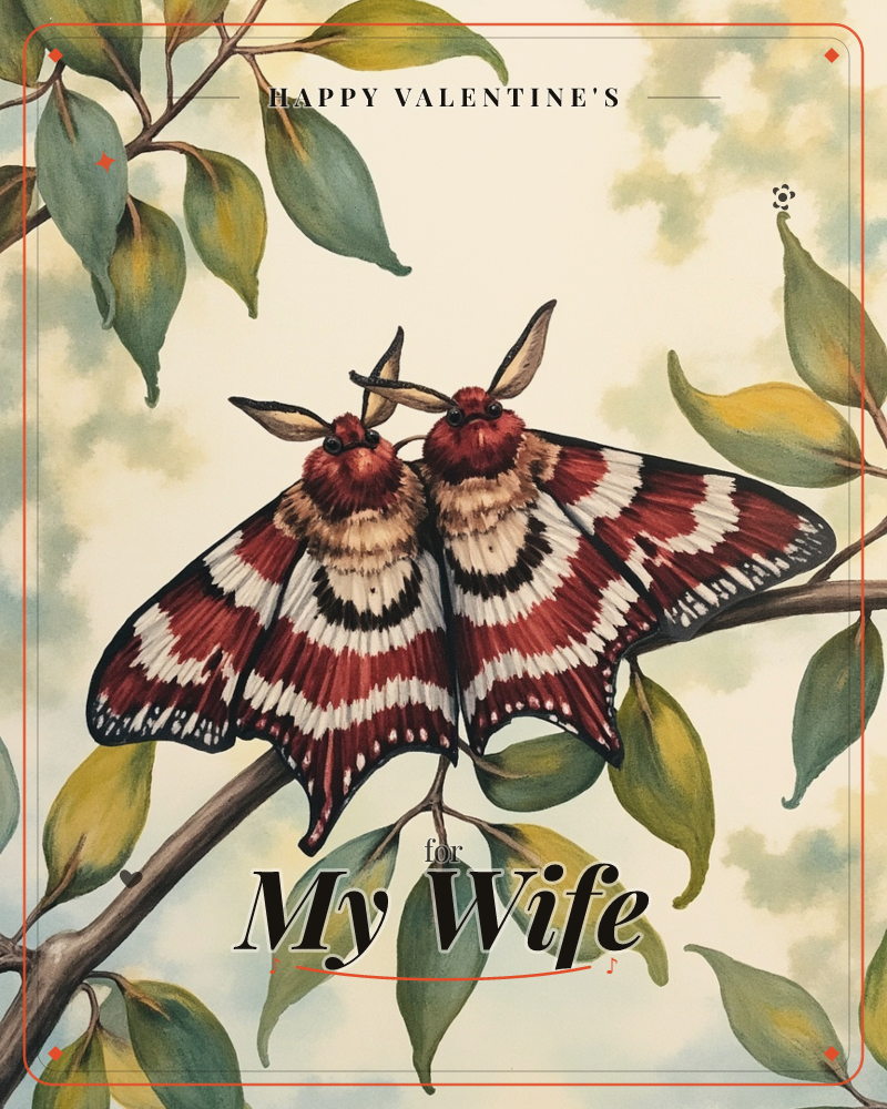 Two identically patterned moths perch side by side on a slender branch, their maroon, cream and black-banded wings touching at the edges as if mirrored, a valentine e-card design